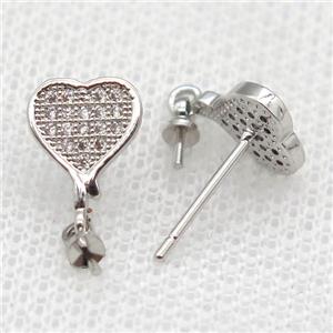 copper Stud Earrings paved zircon, heart, platinum plated, approx 8-10mm