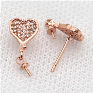 copper Stud Earrings paved zircon, heart, rose gold, approx 8-10mm
