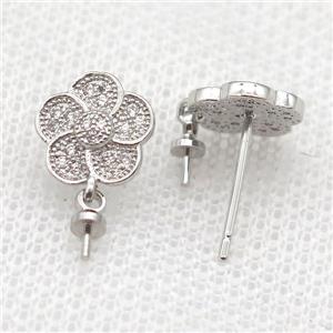 copper Stud Earrings paved zircon, flower, platinum plated, approx 10mm dia