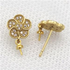 copper Stud Earrings paved zircon, flower, gold plated, approx 10mm dia
