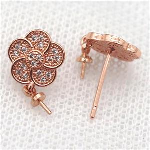 copper Stud Earrings paved zircon, flower, rose gold, approx 10mm dia