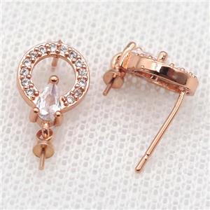 copper Stud Earrings paved zircon, circle, rose gold, approx 9mm