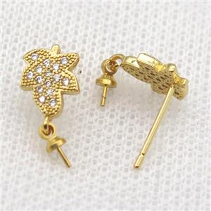 copper Stud Earrings paved zircon, leaf, gold plated, approx 7-9mm
