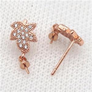 copper Stud Earrings paved zircon, leaf, rose gold, approx 7-9mm
