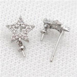 copper Stud Earrings paved zircon, star, platinum plated, approx 10mm