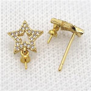 copper Stud Earrings paved zircon, star, gold plated, approx 10mm