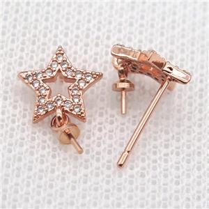 copper Stud Earrings paved zircon, star, rose gold, approx 10mm