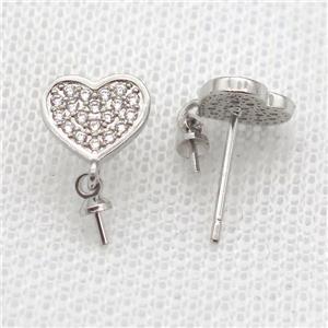 copper Stud Earrings paved zircon, heart, platinum plated, approx 9mm
