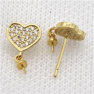 copper Stud Earrings paved zircon, heart, gold plated, approx 9mm