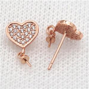 copper Stud Earrings paved zircon, heart, rose gold, approx 9mm