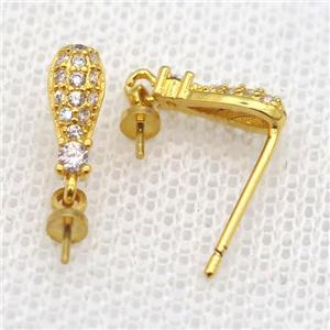copper Stud Earrings paved zircon, teardrop, gold plated, approx 9mm