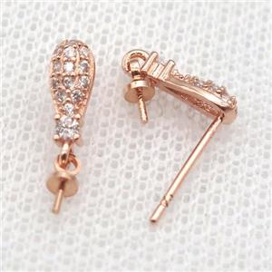 copper Stud Earrings paved zircon, teardrop, rose gold, approx 9mm