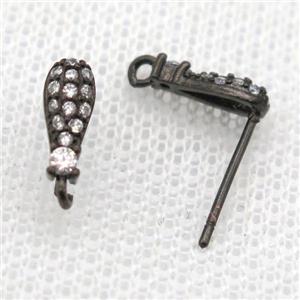 copper Stud Earrings paved zircon, teardrop, black plated, approx 9mm