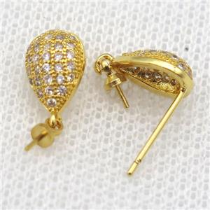 copper Stud Earrings paved zircon, teardrop, gold plated, approx 7-10mm