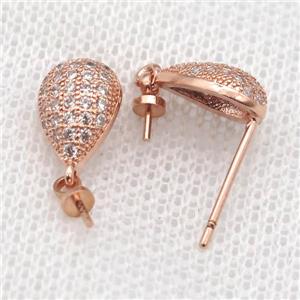 copper Stud Earrings paved zircon, teardrop, rose gold, approx 7-10mm