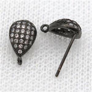 copper Stud Earrings paved zircon, teardrop, black plated, approx 7-10mm
