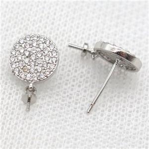 copper Stud Earrings paved zircon, circle, platinum plated, approx 10mm