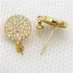 copper Stud Earrings paved zircon, circle, gold plated, approx 10mm