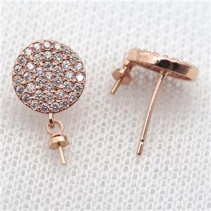 copper Stud Earrings paved zircon, circle, rose gold, approx 10mm