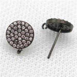 copper Stud Earrings paved zircon, circle, black plated, approx 10mm