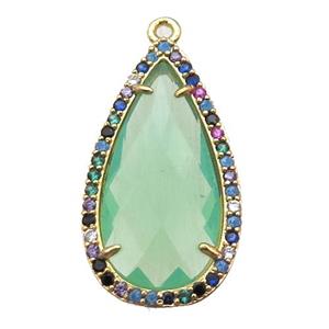 green Crystal Glass teardrop pendant pave zircon, gold plated, approx 14-25mm