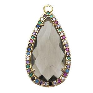 smoky Crystal Glass teardrop pendant pave zircon, gold plated, approx 14-25mm