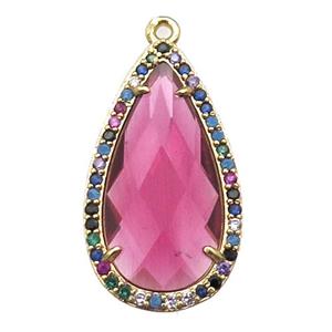 hotpink Crystal Glass teardrop pendant pave zircon, gold plated, approx 14-25mm