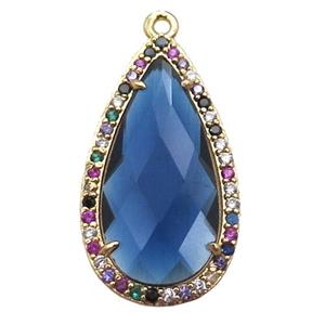 blue Crystal Glass teardrop pendant pave zircon, gold plated, approx 14-25mm