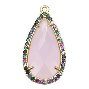 pink Crystal Glass teardrop pendant pave zircon, gold plated, approx 14-25mm