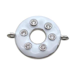 white enameling copper donut connector paved zircon, platinum plated, approx 15mm dia