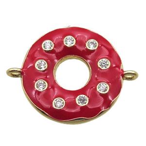 red enameling copper donut connector paved zircon, gold plated, approx 18mm dia