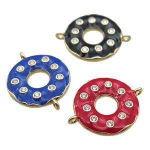 mixed enameling copper donut connector paved zircon, gold plated, approx 18mm dia