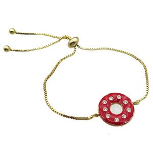 red enameling copper bracelet paved zircon, donut, gold plated, approx 15mm, 26mm length