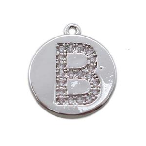 copper letter-B pendant paved zircon, platinum plated, approx 14mm dia