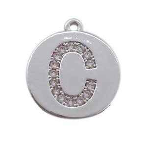 copper letter-C pendant paved zircon, platinum plated, approx 14mm dia