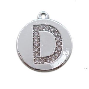 copper letter-D pendant paved zircon, platinum plated, approx 14mm dia