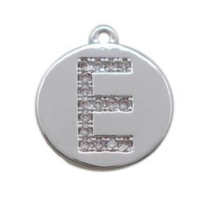 copper letter-E pendant paved zircon, platinum plated, approx 14mm dia