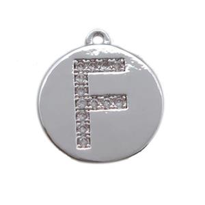 copper letter-F pendant paved zircon, platinum plated, approx 14mm dia
