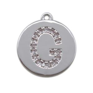 copper letter-G pendant paved zircon, platinum plated, approx 14mm dia