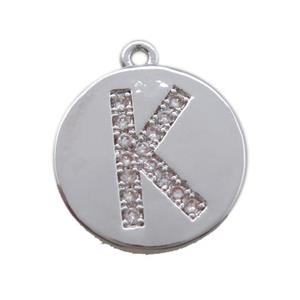 copper letter-K pendant paved zircon, platinum plated, approx 14mm dia