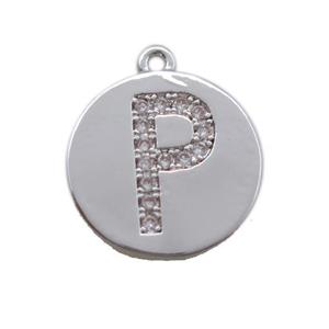 copper letter-P pendant paved zircon, platinum plated, approx 14mm dia