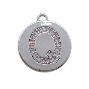 copper letter-Q pendant paved zircon, platinum plated, approx 14mm dia