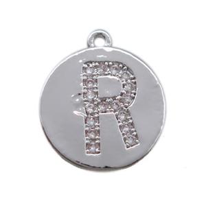 copper letter-R pendant paved zircon, platinum plated, approx 14mm dia