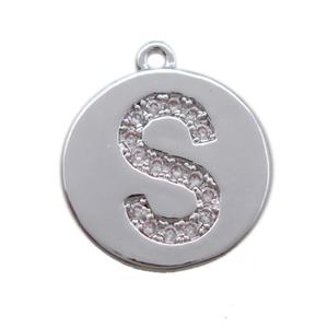 copper letter-S pendant paved zircon, platinum plated, approx 14mm dia