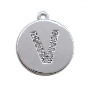 copper letter-V pendant paved zircon, platinum plated, approx 14mm dia