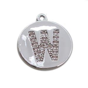 copper letter-W pendant paved zircon, platinum plated, approx 14mm dia