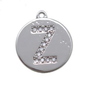 copper letter-Z pendant paved zircon, platinum plated, approx 14mm dia