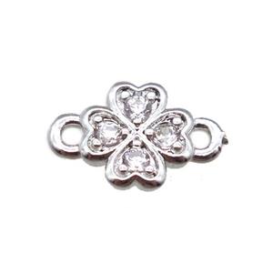 copper clover connector paved zircon, platinum plated, approx 6-10mm