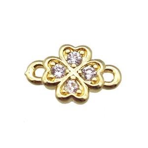 copper clover connector paved zircon, gold plated, approx 6-10mm