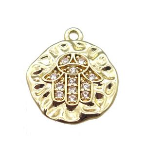 copper hamsahand pendant paved zircon, gold plated, approx 13mm dia